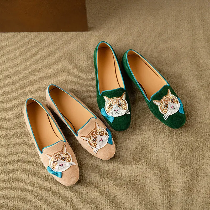 Aithne Cute Cat Patchwork Suede Loafers