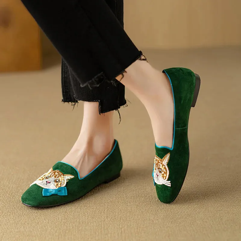 Aithne Cute Cat Patchwork Suede Loafers