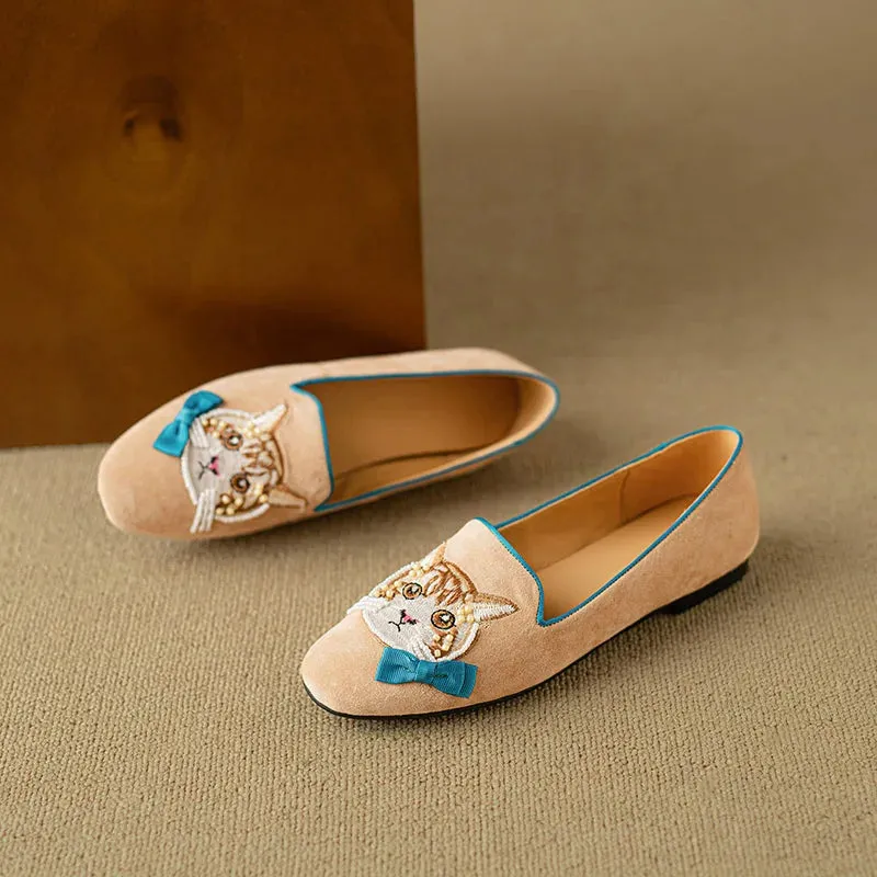 Aithne Cute Cat Patchwork Suede Loafers