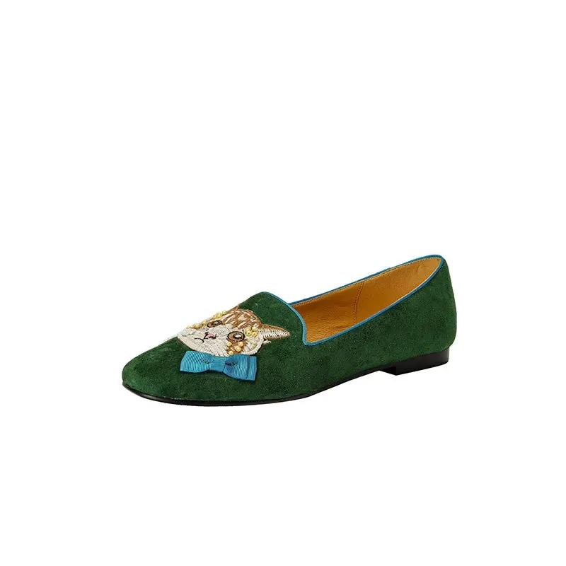 Aithne Cute Cat Patchwork Suede Loafers