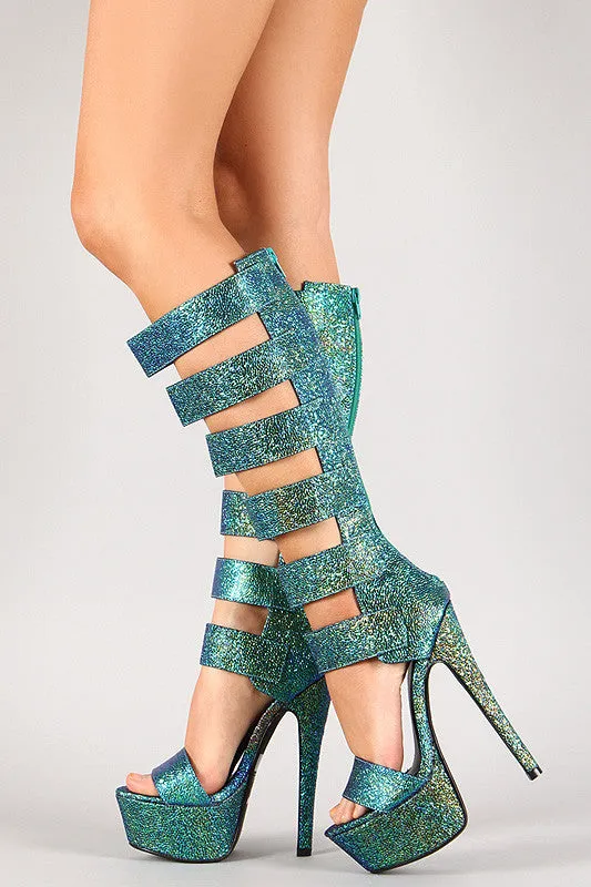 Anne Michelle Iridescent Strappy Open Toe Knee High Heel