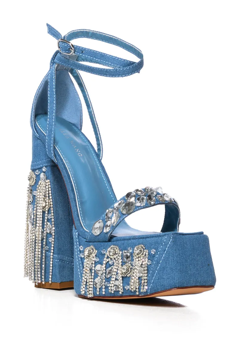 AZALEA WANG ABERNA EMBELLISHED CHUNKY STRAP SANDAL IN DENIM