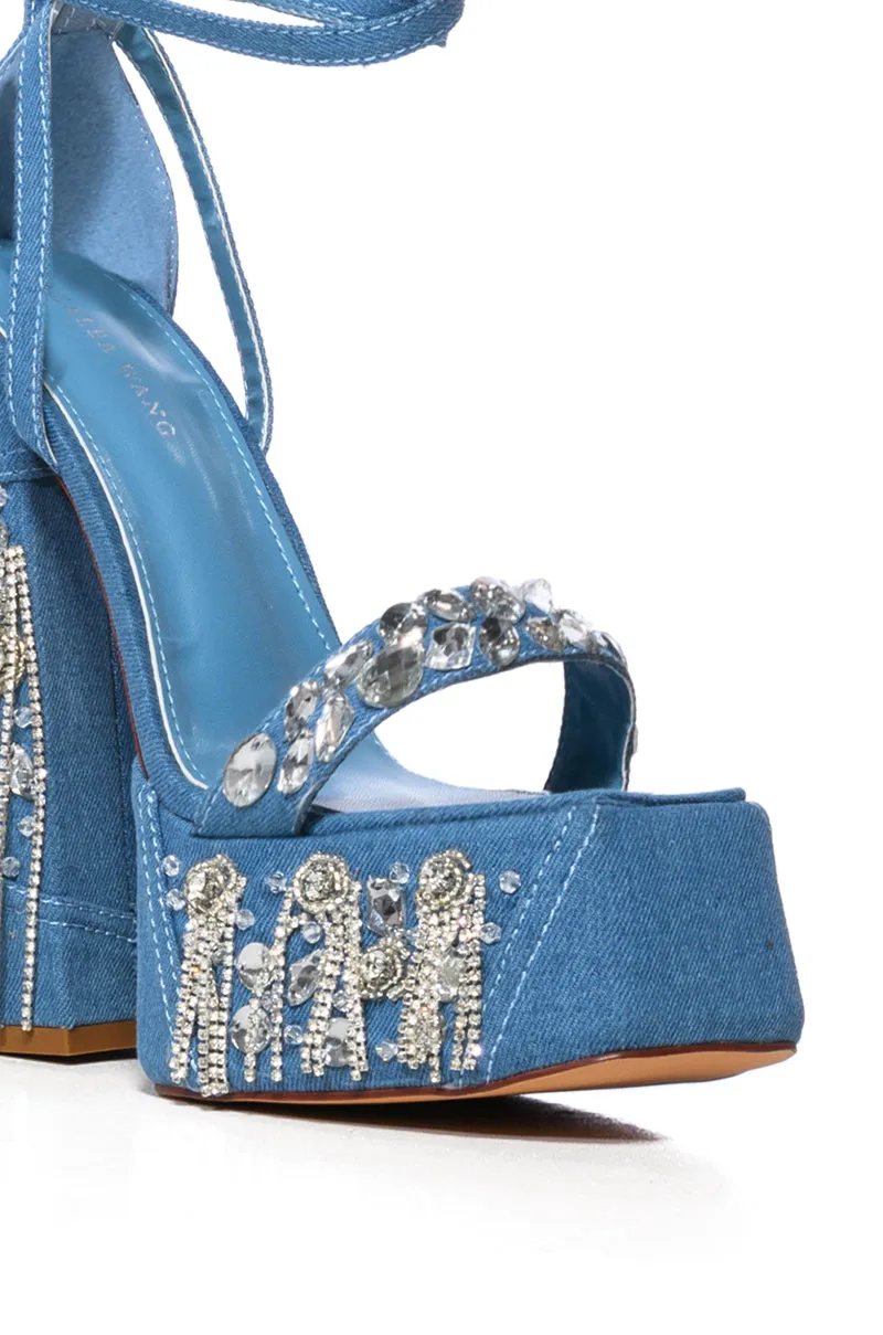 AZALEA WANG ABERNA EMBELLISHED CHUNKY STRAP SANDAL IN DENIM