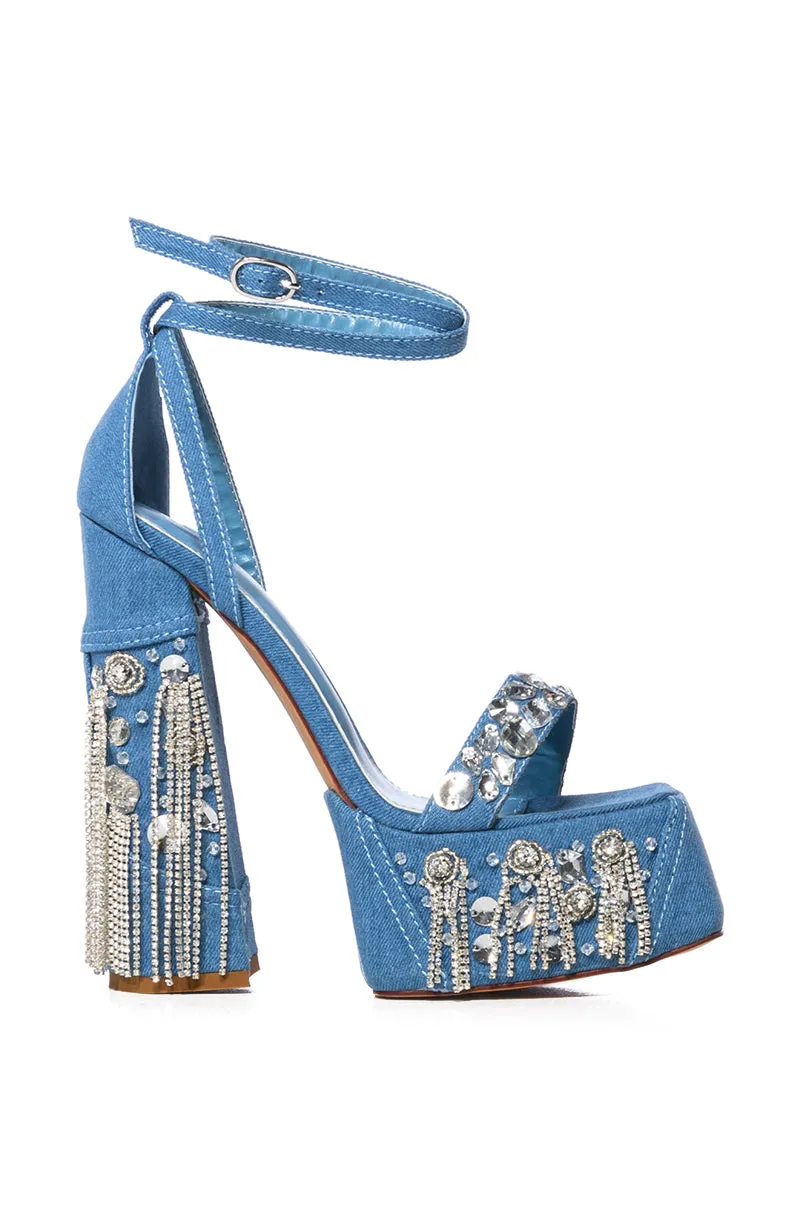 AZALEA WANG ABERNA EMBELLISHED CHUNKY STRAP SANDAL IN DENIM