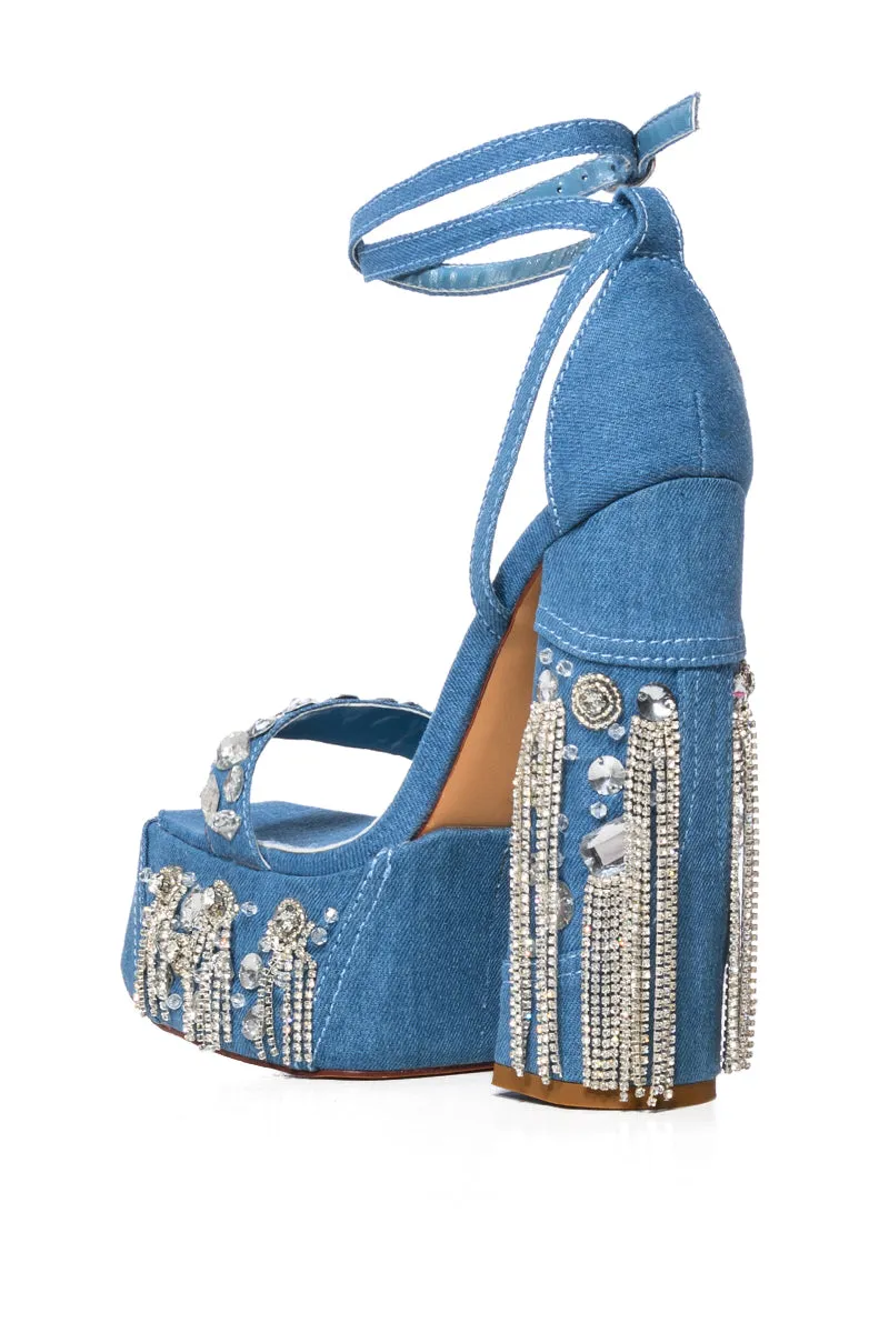 AZALEA WANG ABERNA EMBELLISHED CHUNKY STRAP SANDAL IN DENIM