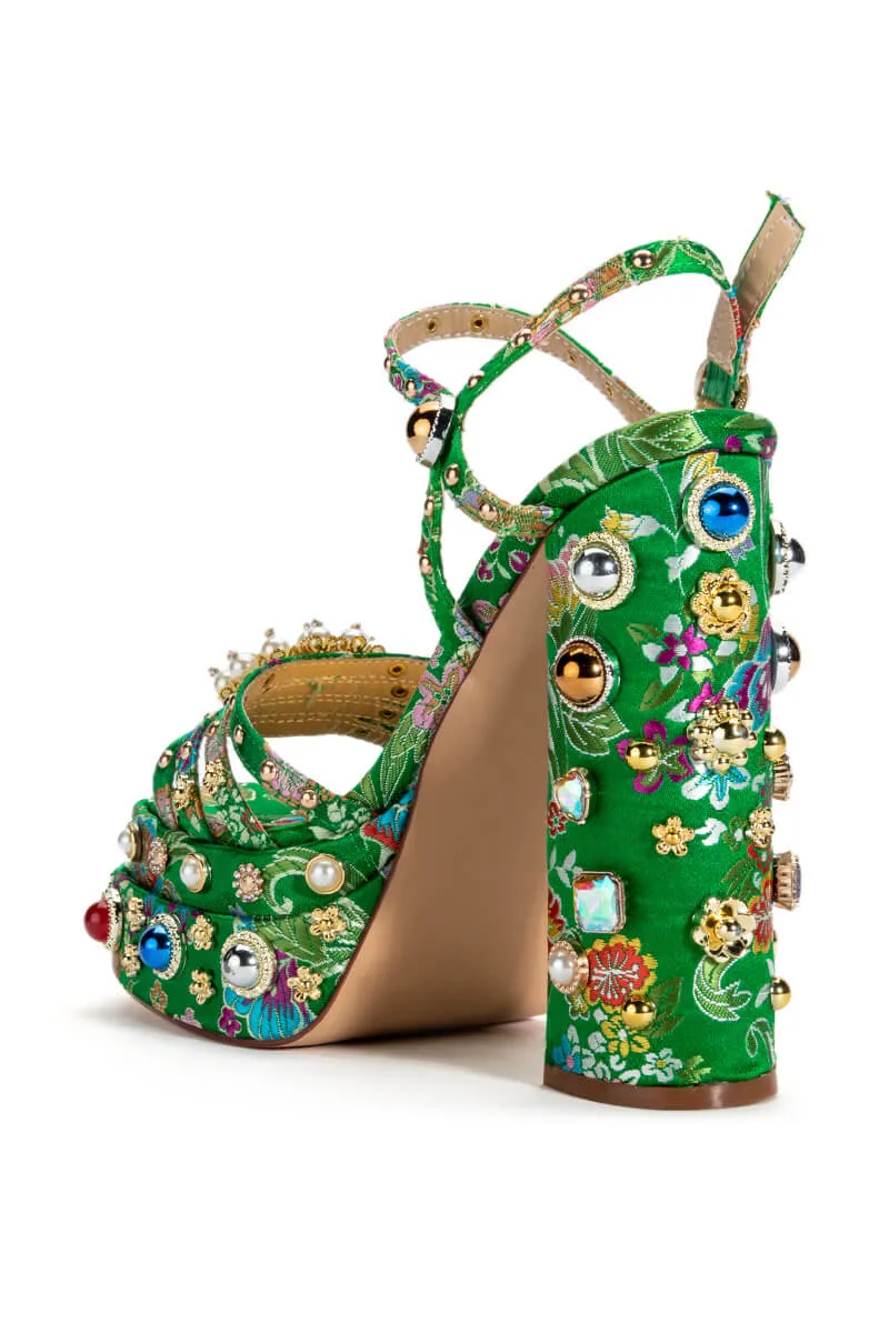 AZALEA WANG ANNIE STRAPPY EMBELLISHED CHUNKY SANDAL IN GREEN