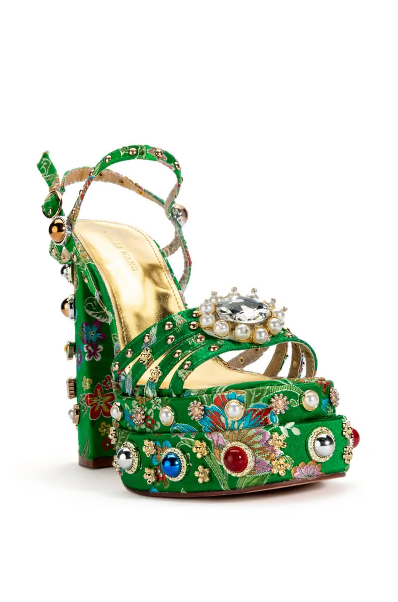 AZALEA WANG ANNIE STRAPPY EMBELLISHED CHUNKY SANDAL IN GREEN