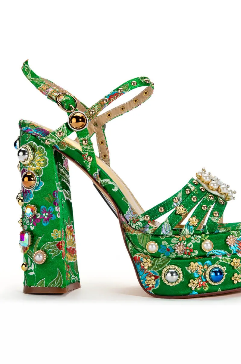 AZALEA WANG ANNIE STRAPPY EMBELLISHED CHUNKY SANDAL IN GREEN