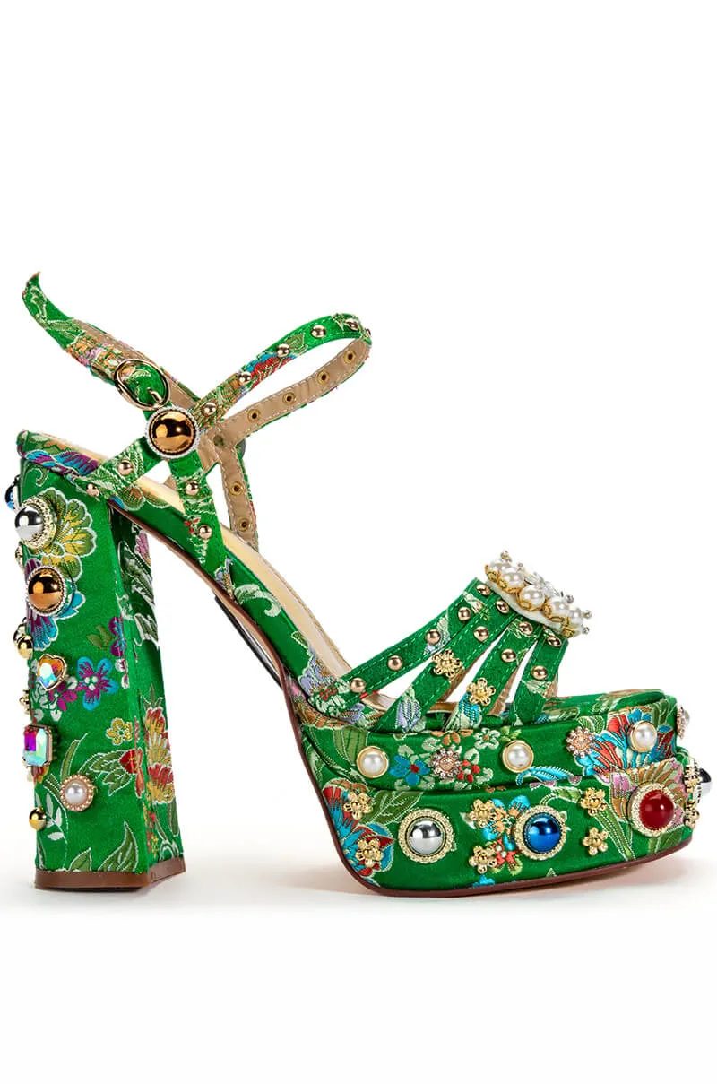 AZALEA WANG ANNIE STRAPPY EMBELLISHED CHUNKY SANDAL IN GREEN