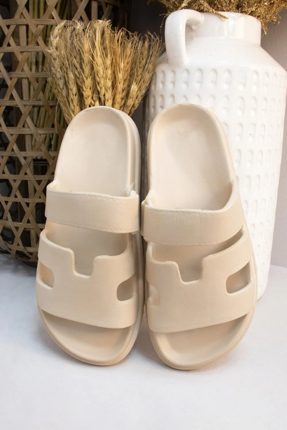 Beige Platform Gladiator Open Toe EVA Pool Slider Sandals