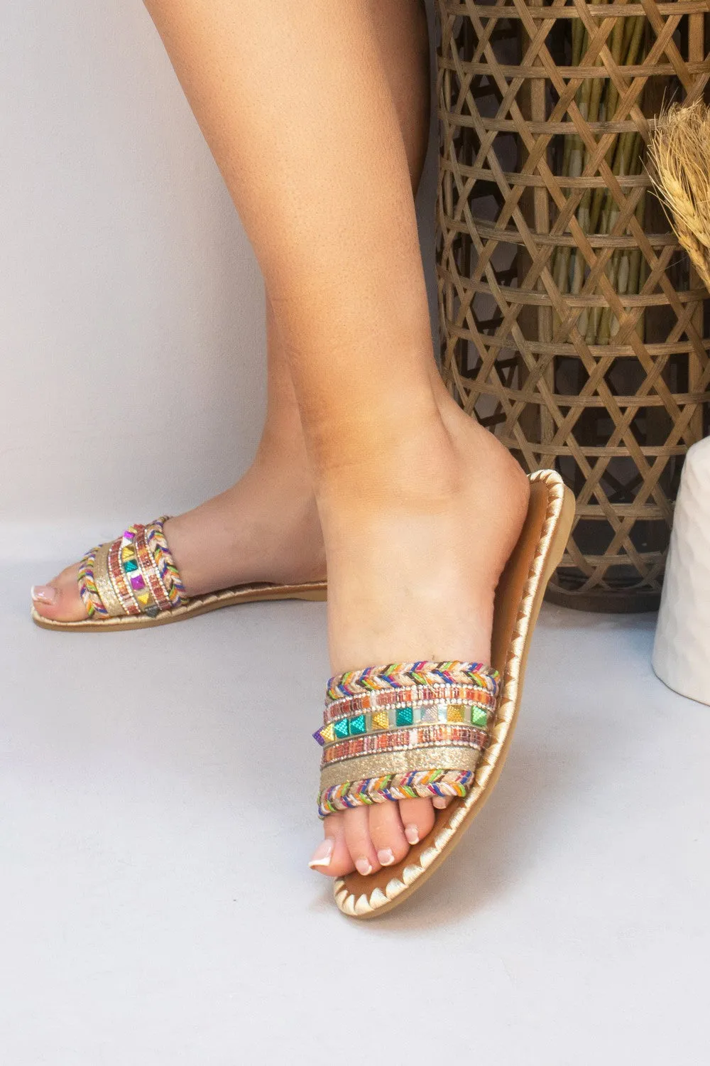 Beige Studded Glitter Flat Slider Sandals