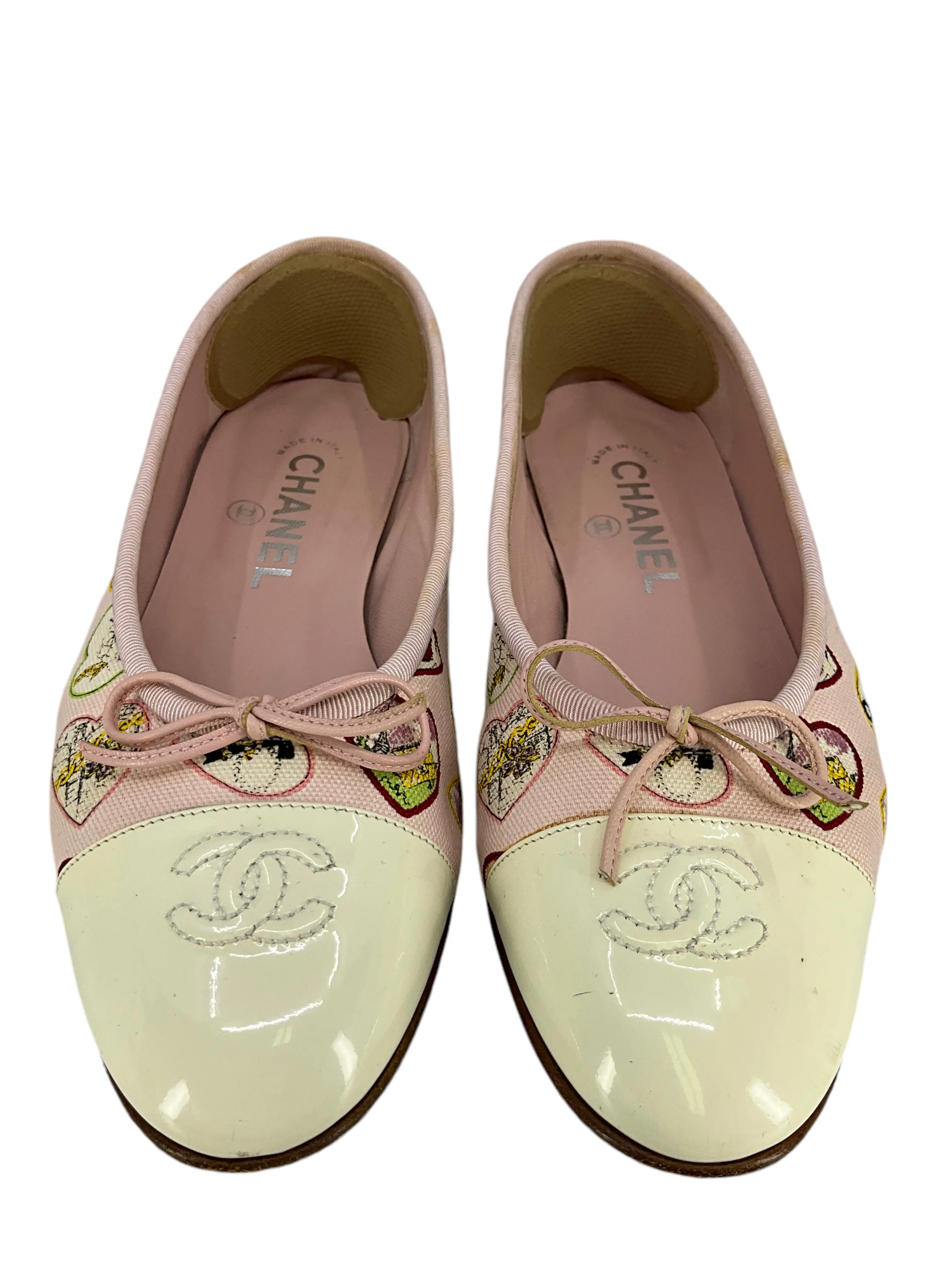 CHANEL Canvas Coco Hearts Cap Toe Ballerina Flats Size 7.5