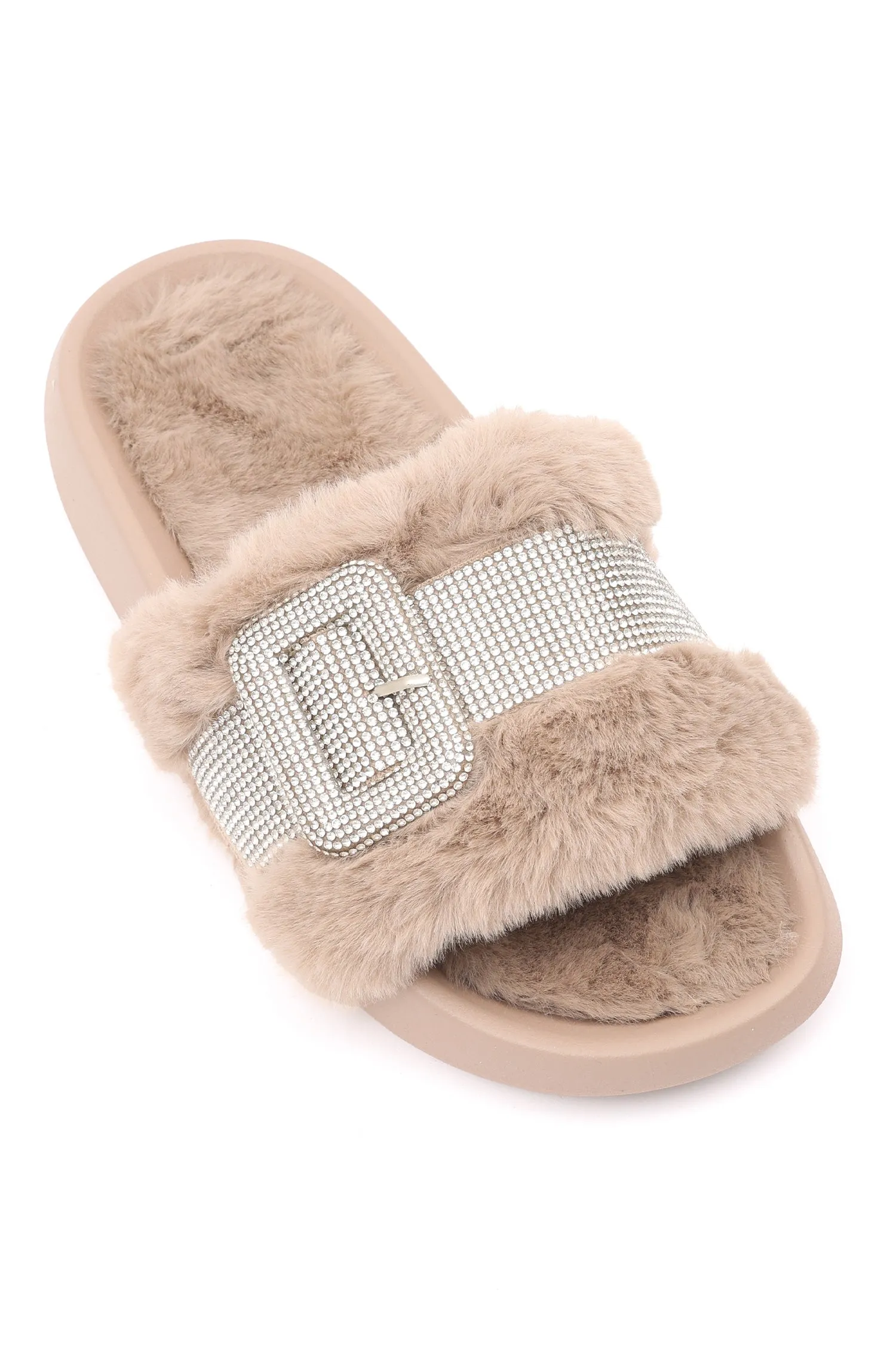 CRYSTAL BUCKLE FUR SLIDES-KHAKI