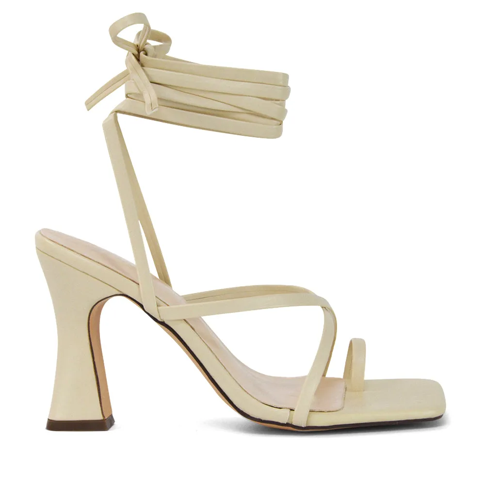 Dylan Square Toe Lace up Strappy Block High Heel Sandals in White Synthetic Leather