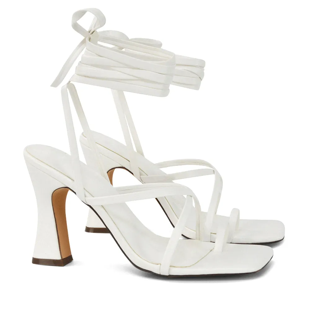 Dylan Square Toe Lace up Strappy Block High Heel Sandals in White Synthetic Leather