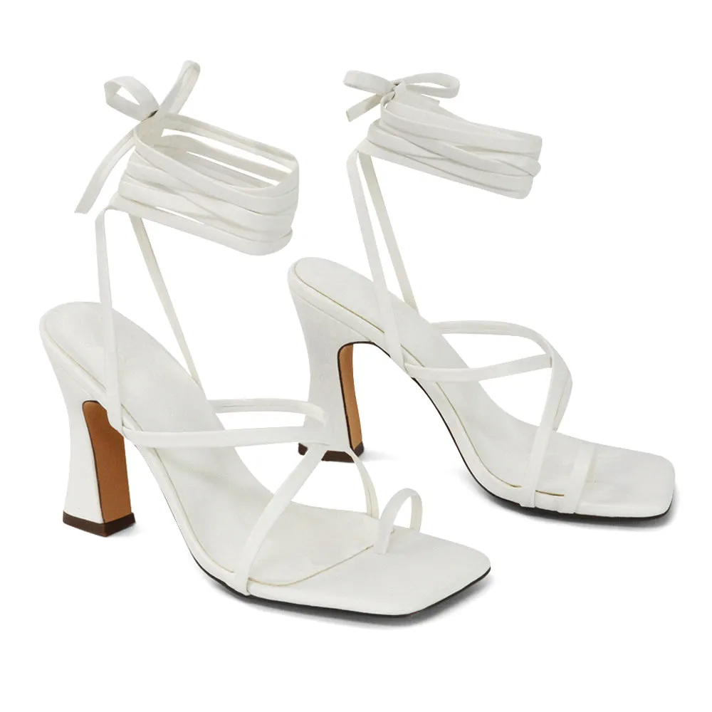 Dylan Square Toe Lace up Strappy Block High Heel Sandals in White Synthetic Leather