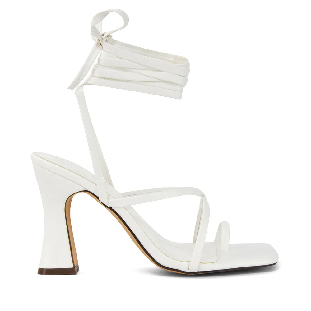 Dylan Square Toe Lace up Strappy Block High Heel Sandals in White Synthetic Leather