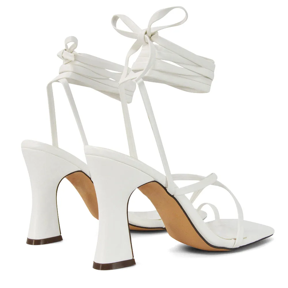 Dylan Square Toe Lace up Strappy Block High Heel Sandals in White Synthetic Leather