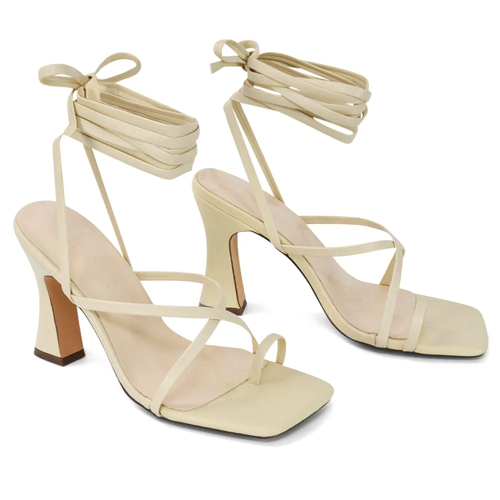 Dylan Square Toe Lace up Strappy Block High Heel Sandals in White Synthetic Leather