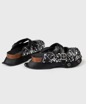 Fashion Platform Slide Sandals Black Cowhide Leather Sequins DD1013