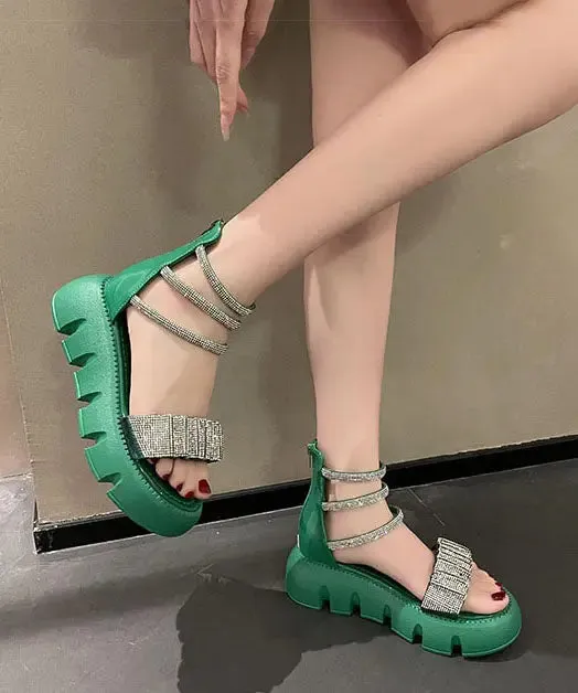 Fashion Splicing Zircon Platform Sandals Green Faux Leather LY8264