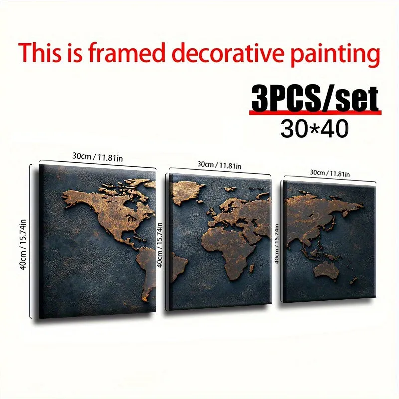 Framed Canvas Wall Art Painting World map in copper - 30x40cm - 3pcs