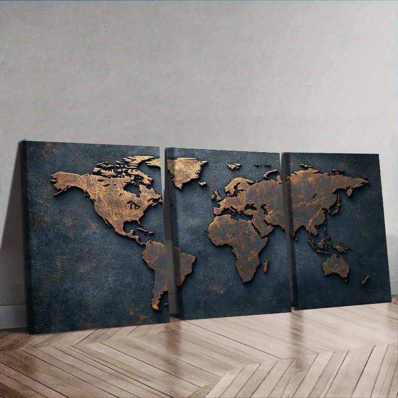 Framed Canvas Wall Art Painting World map in copper - 30x40cm - 3pcs