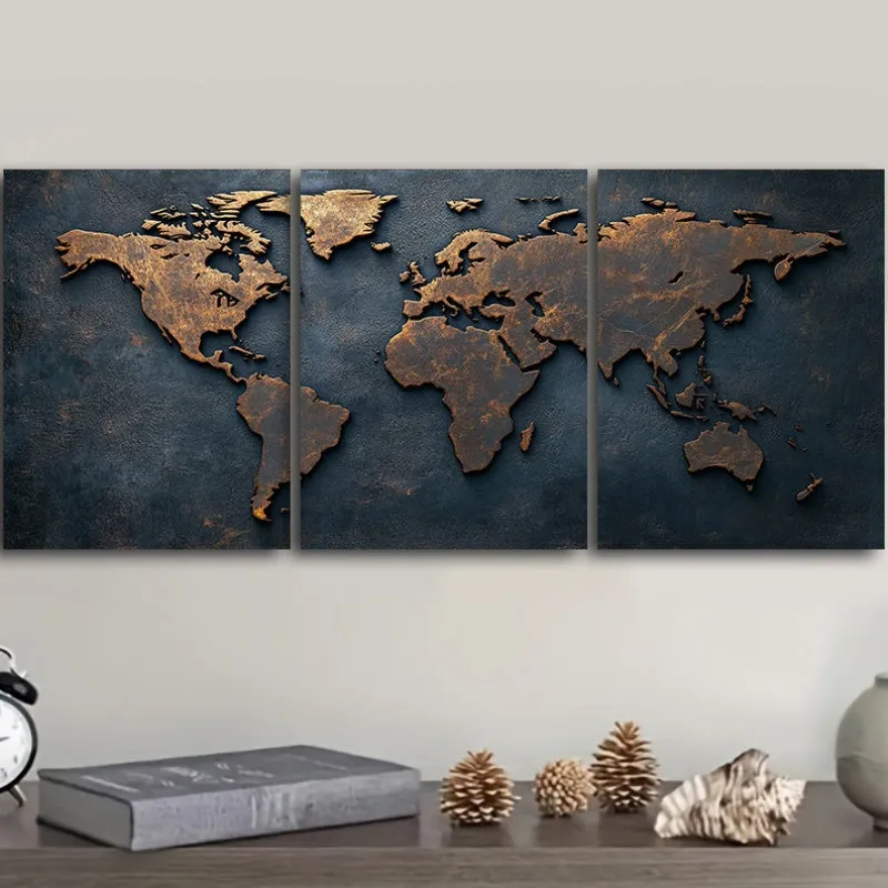 Framed Canvas Wall Art Painting World map in copper - 30x40cm - 3pcs