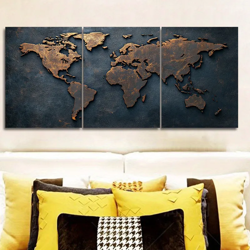 Framed Canvas Wall Art Painting World map in copper - 30x40cm - 3pcs