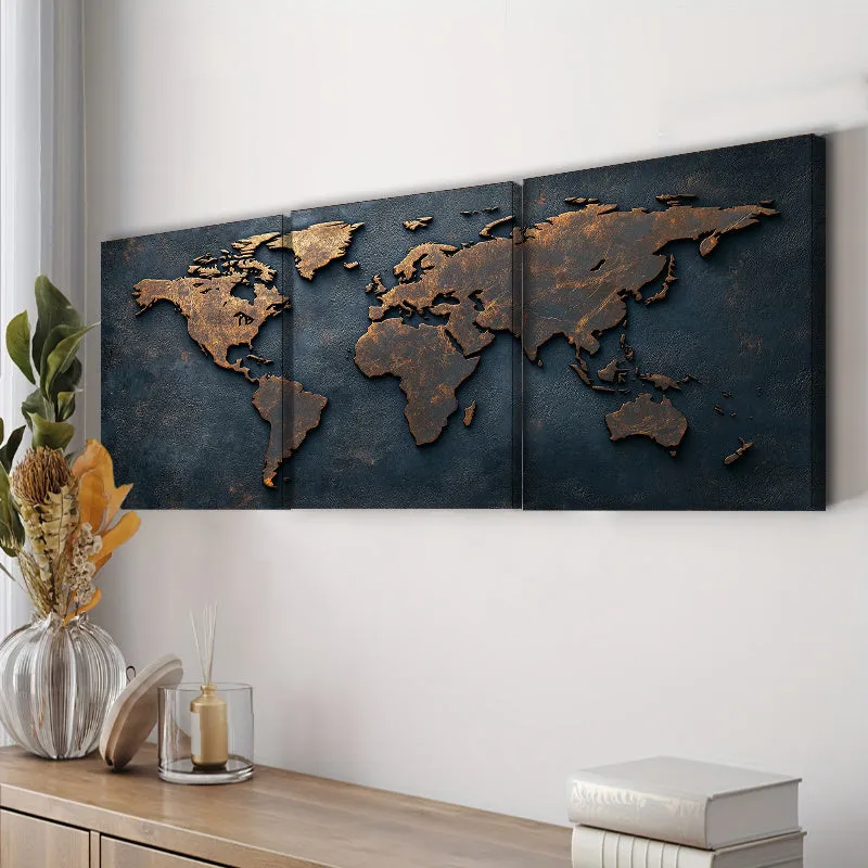 Framed Canvas Wall Art Painting World map in copper - 30x40cm - 3pcs