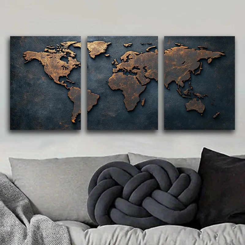 Framed Canvas Wall Art Painting World map in copper - 30x40cm - 3pcs