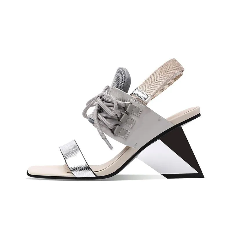 Genuine Leather Cowhide & Mesh Sandals with Severe Chiseled Heel