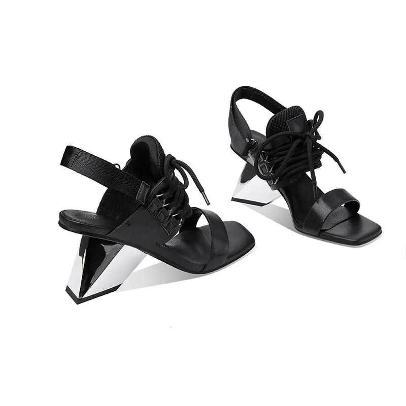 Genuine Leather Cowhide & Mesh Sandals with Severe Chiseled Heel