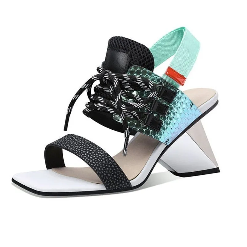 Genuine Leather Cowhide & Mesh Sandals with Severe Chiseled Heel