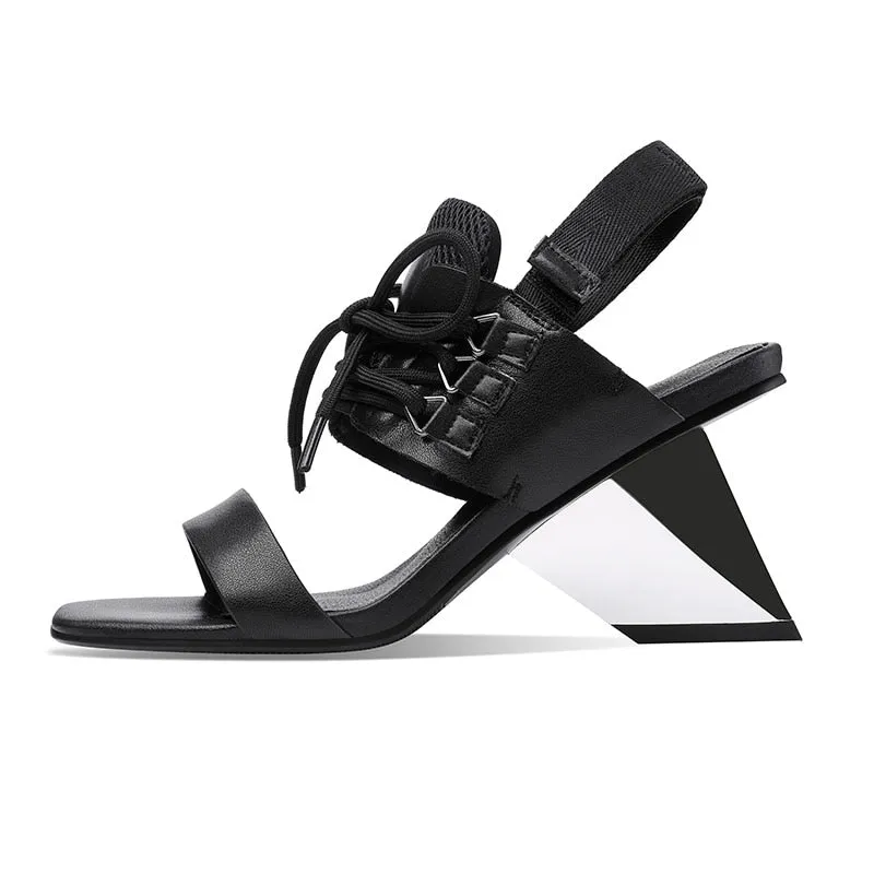 Genuine Leather Cowhide & Mesh Sandals with Severe Chiseled Heel