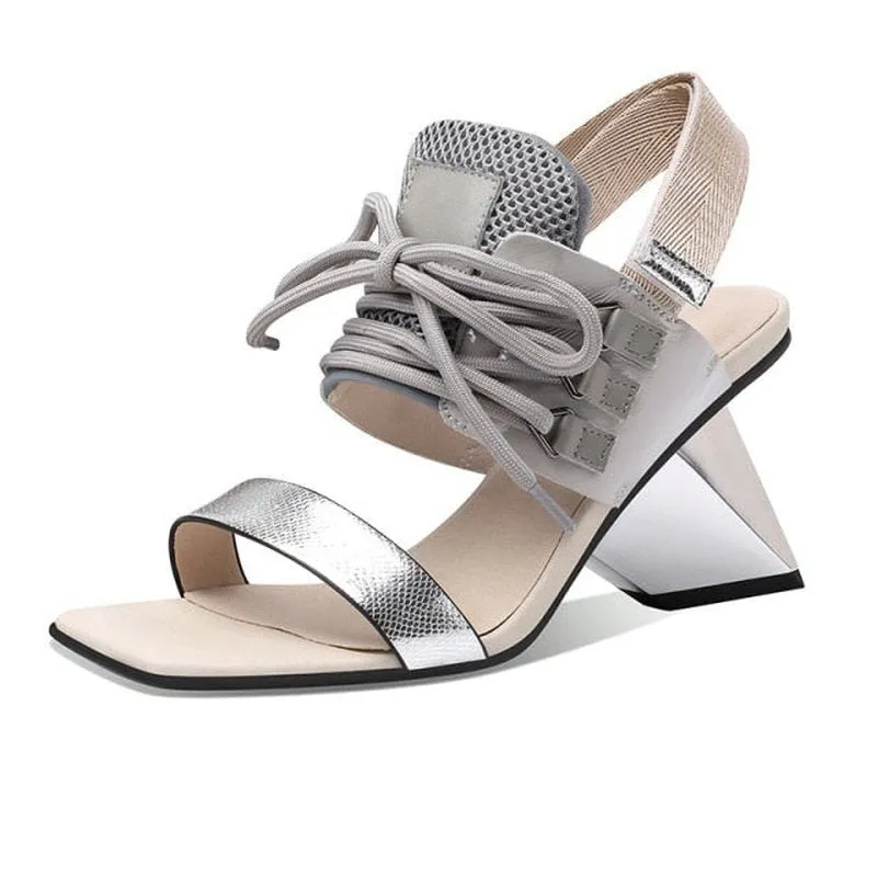 Genuine Leather Cowhide & Mesh Sandals with Severe Chiseled Heel