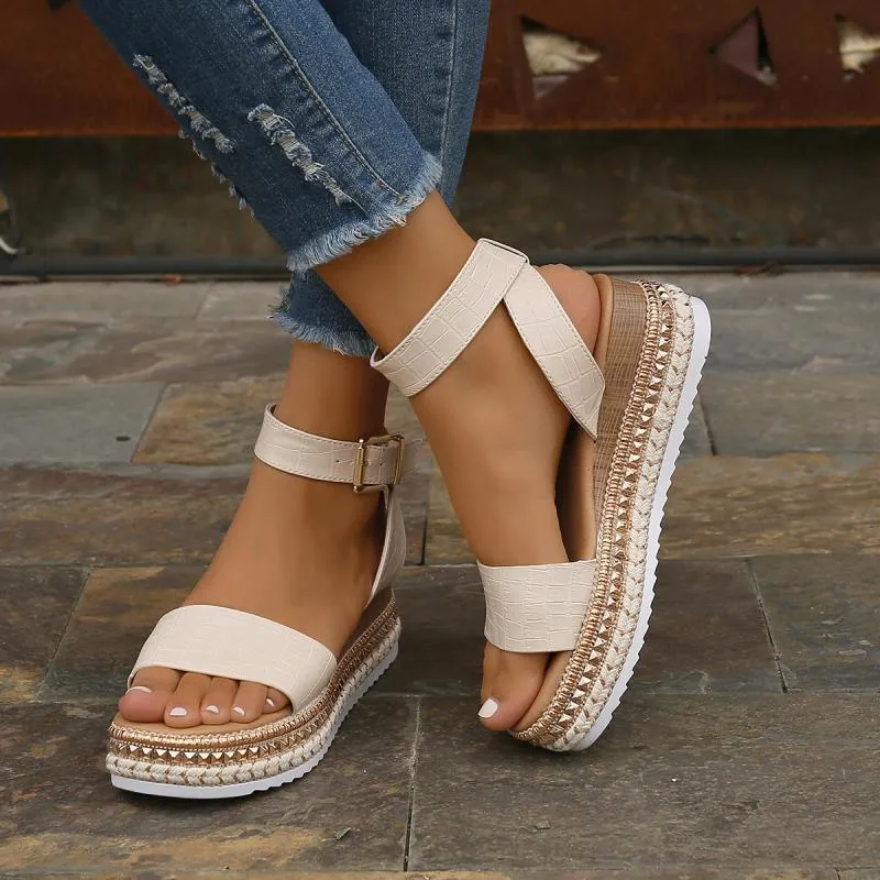 Hemp Wedges Platform Sandals with Buckle Strap