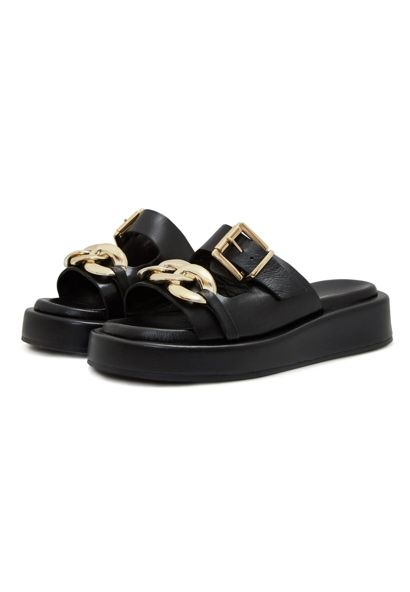 Leather Chain Sandals - Black