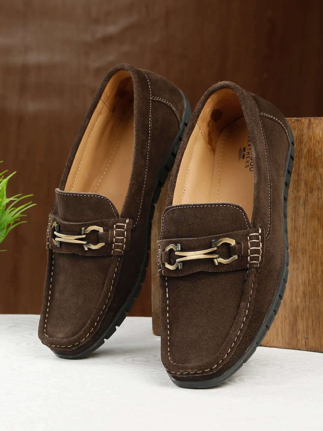 Men's Brown Suede Leather Loafers With Antique Gold Buckle