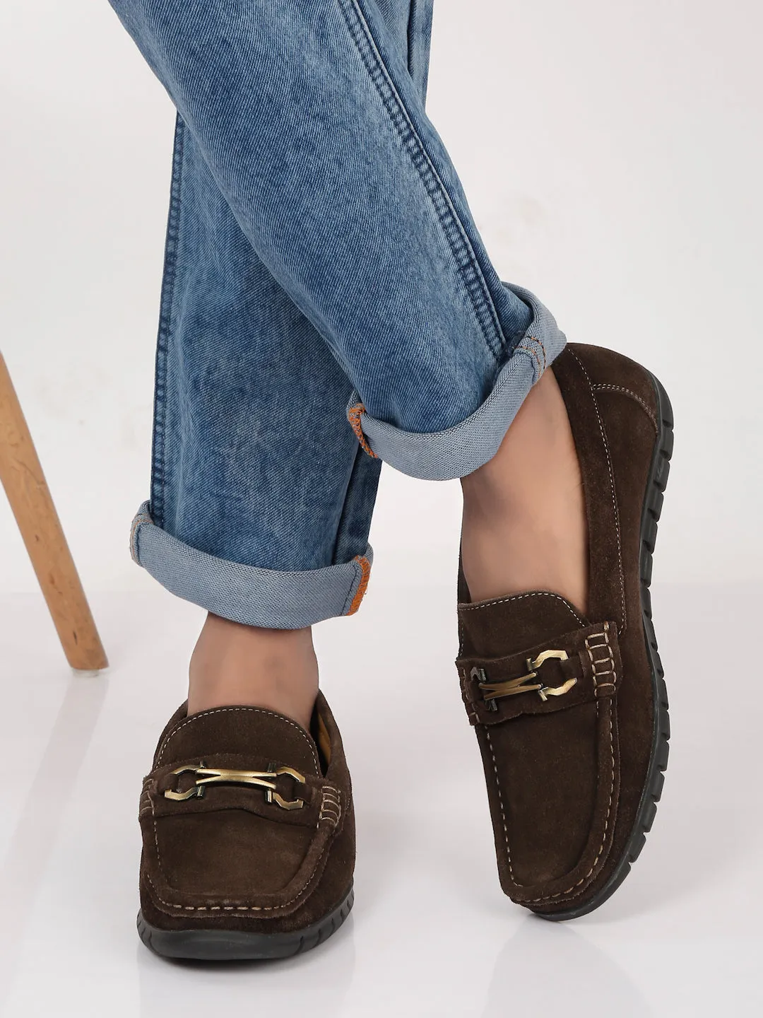 Men's Brown Suede Leather Loafers With Antique Gold Buckle