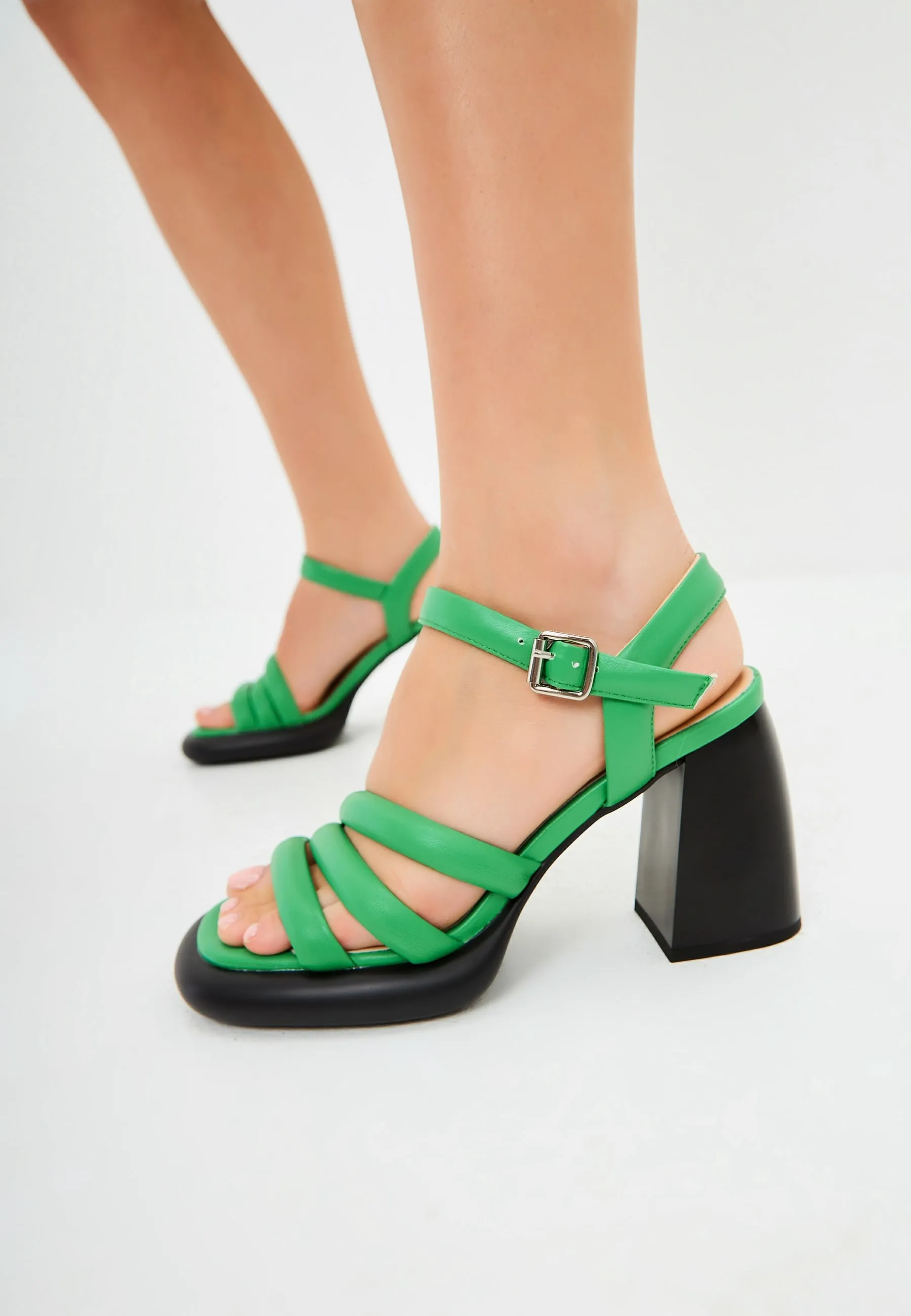 Open Toe Block Heeled Sandals - Green