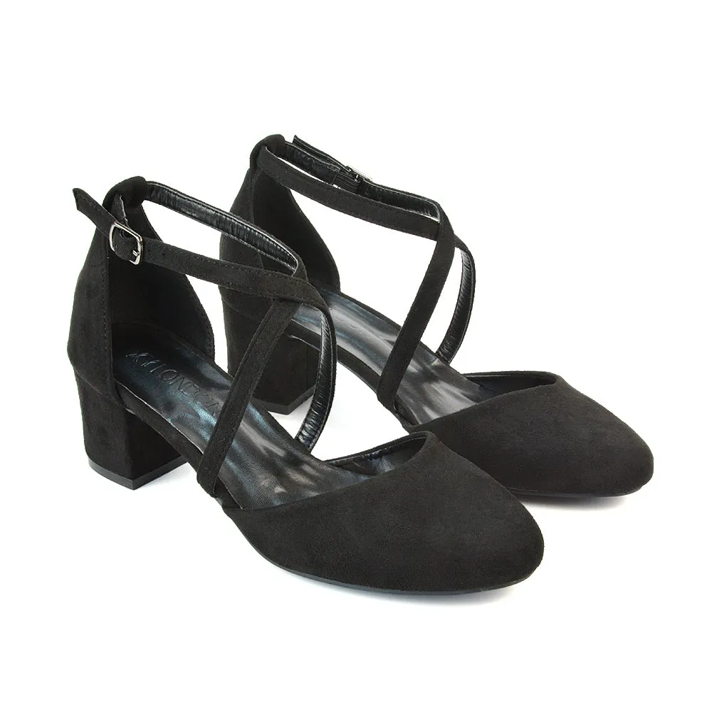 Riana Closed Toe Mid Block Heel Sandal Court Shoes in Black Synthetic Leather