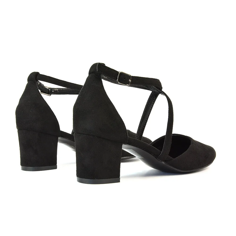 Riana Closed Toe Mid Block Heel Sandal Court Shoes in Black Synthetic Leather