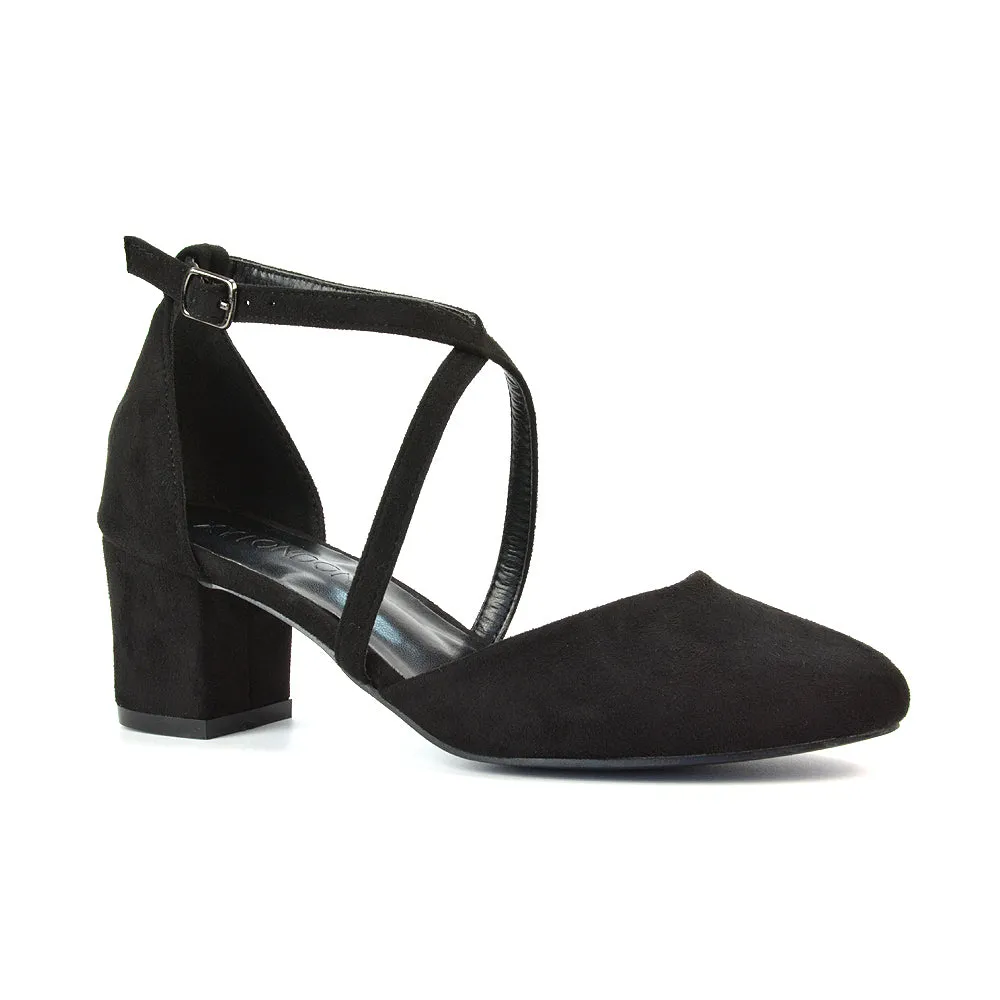 Riana Closed Toe Mid Block Heel Sandal Court Shoes in Black Synthetic Leather