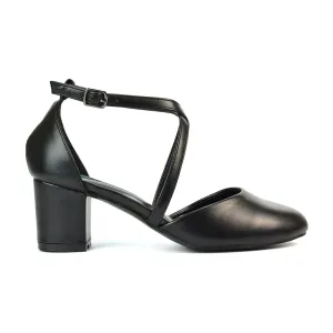 Riana Closed Toe Mid Block Heel Sandal Court Shoes in Black Synthetic Leather