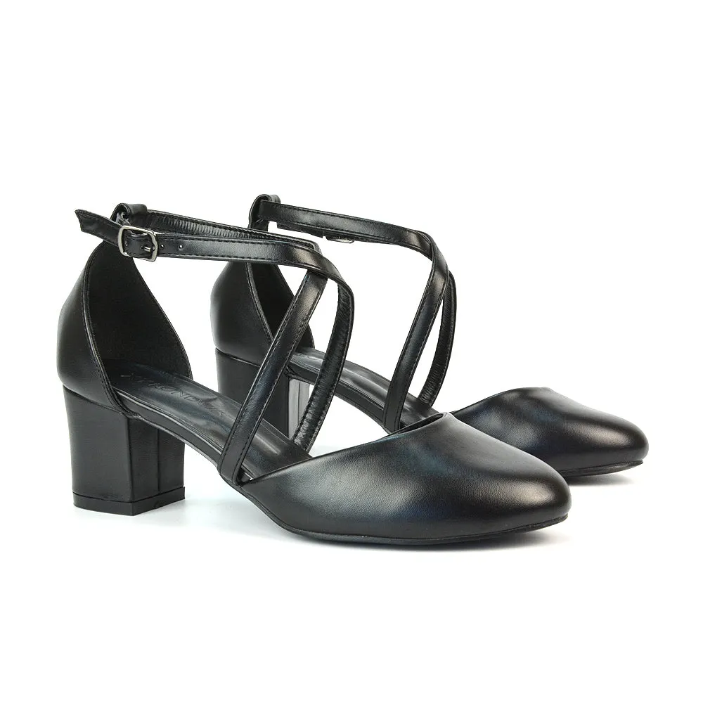 Riana Closed Toe Mid Block Heel Sandal Court Shoes in Black Synthetic Leather