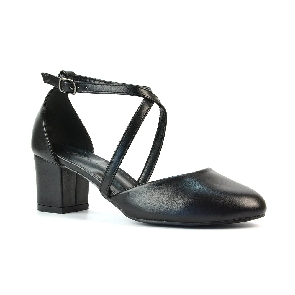 Riana Closed Toe Mid Block Heel Sandal Court Shoes in Black Synthetic Leather