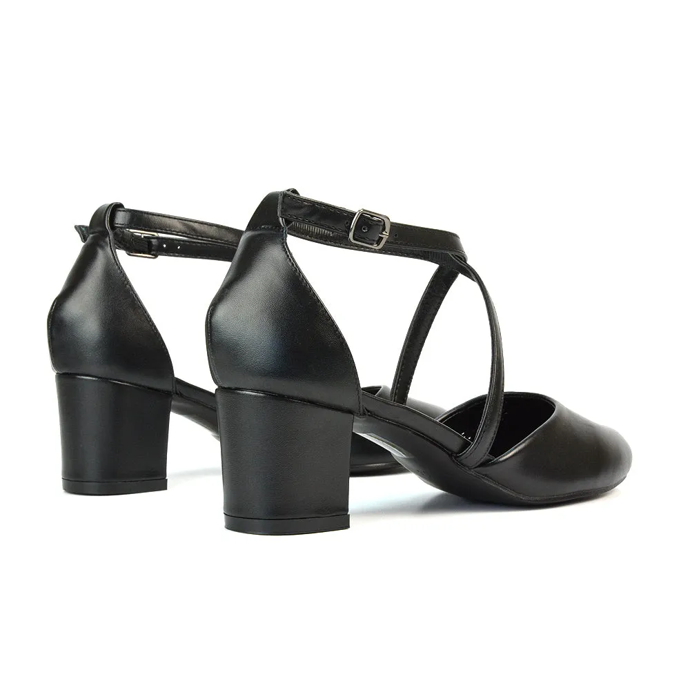 Riana Closed Toe Mid Block Heel Sandal Court Shoes in Black Synthetic Leather