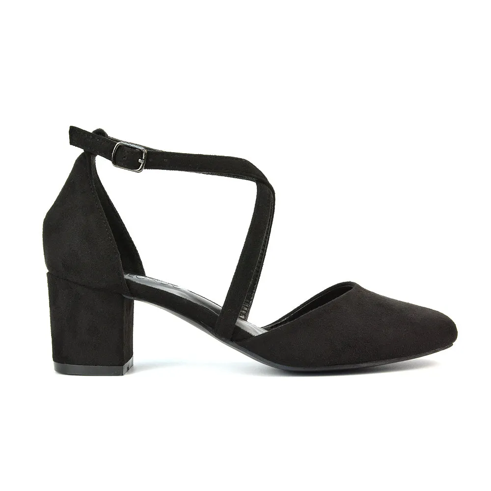 Riana Closed Toe Mid Block Heel Sandal Court Shoes in Black Synthetic Leather