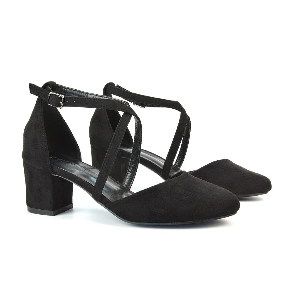 Riana Closed Toe Mid Block Heel Sandal Court Shoes in Black Synthetic Leather